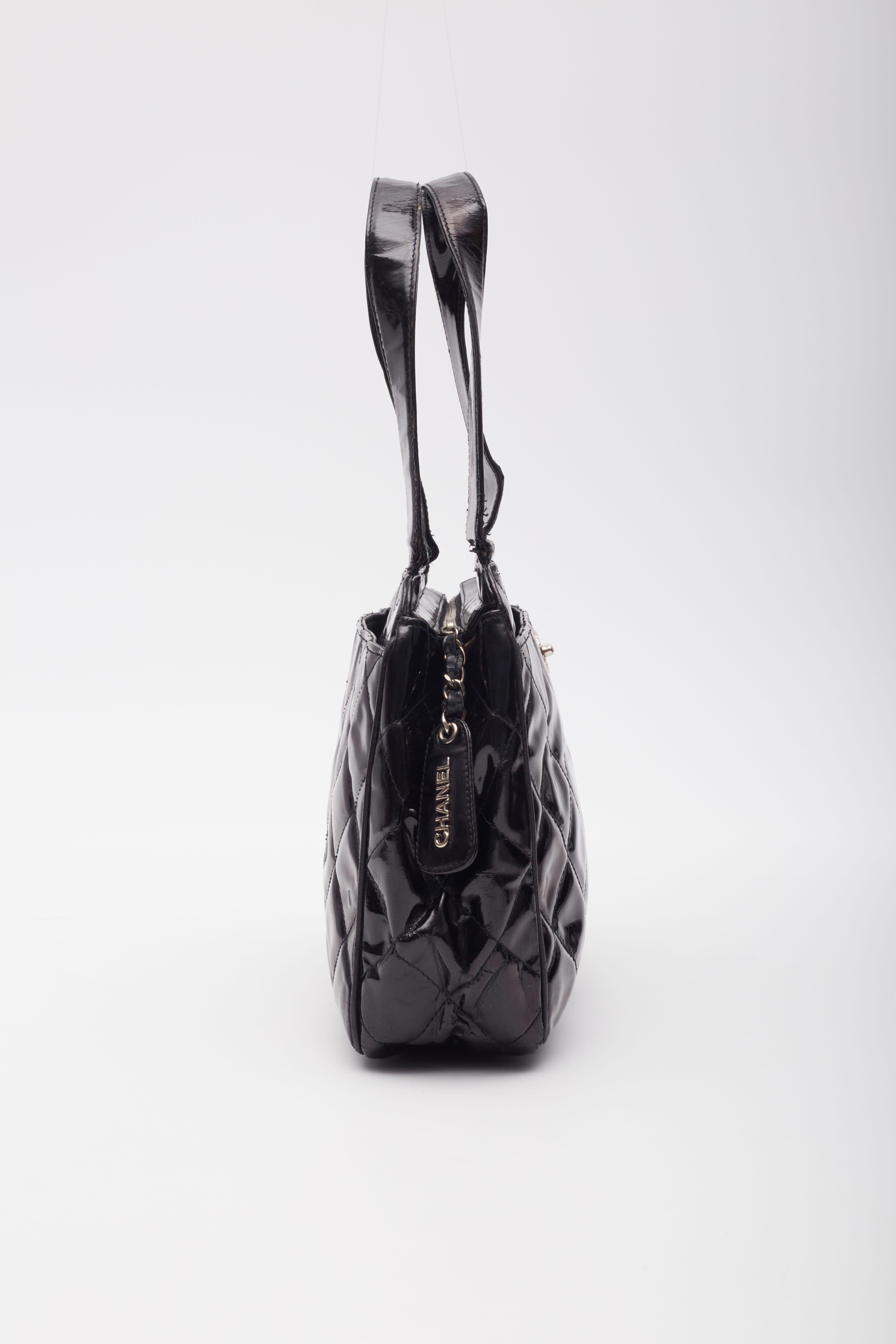 Chanel Patent Quilted Leather Black CC Bowling Bag For Sale 2