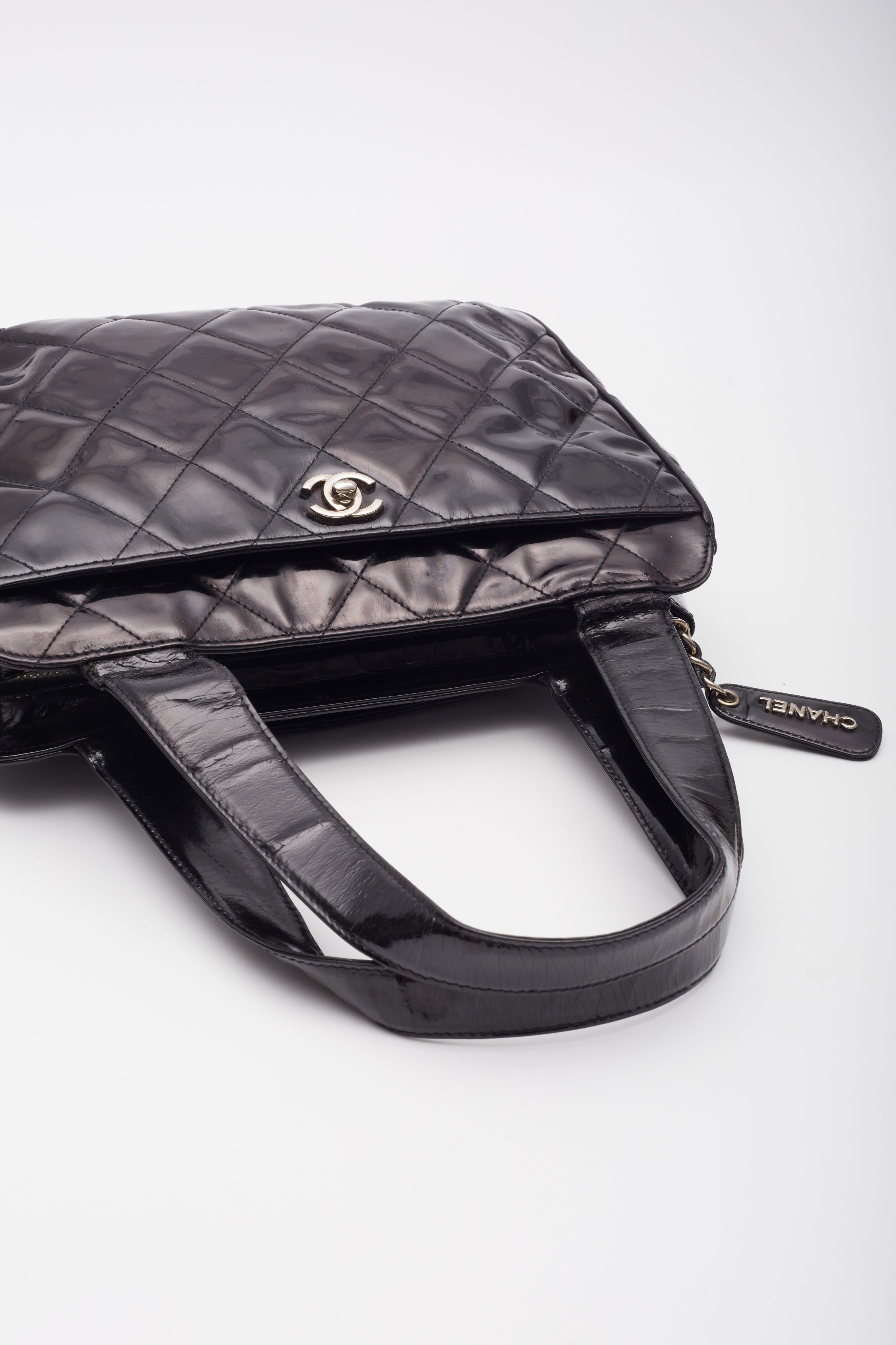 Chanel Patent Quilted Leather Black CC Bowling Bag For Sale 4