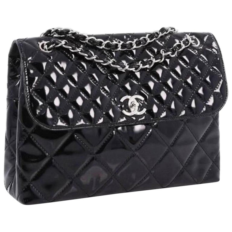 Chanel Single Flap Maxi Classic Shoulder Bag Black Quilted Patent Leather