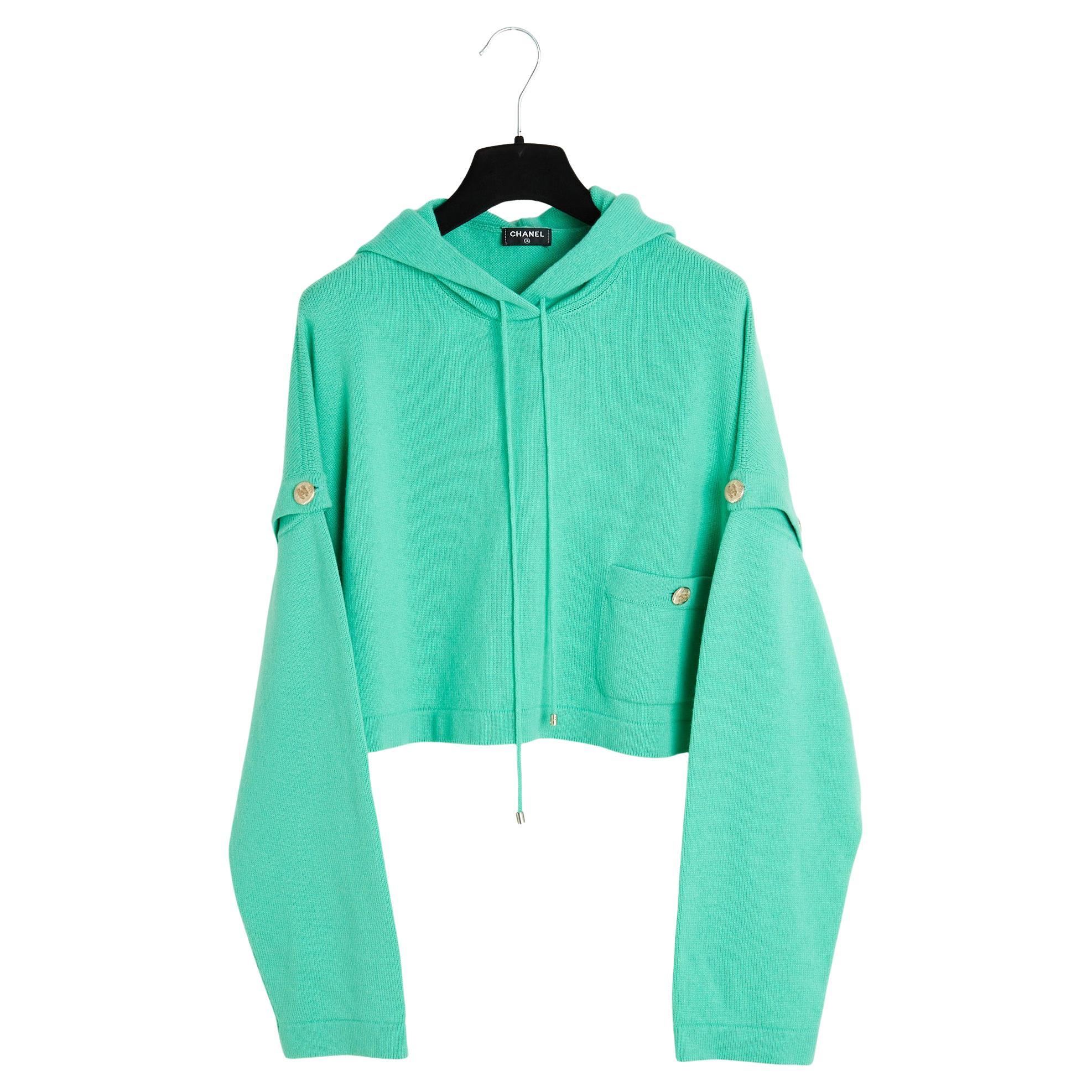 Chanel PE2022 Pull 2 en 1 FR38 Grün Kaschmir Cabrio Kapuzenpullover UK10 US8 im Angebot