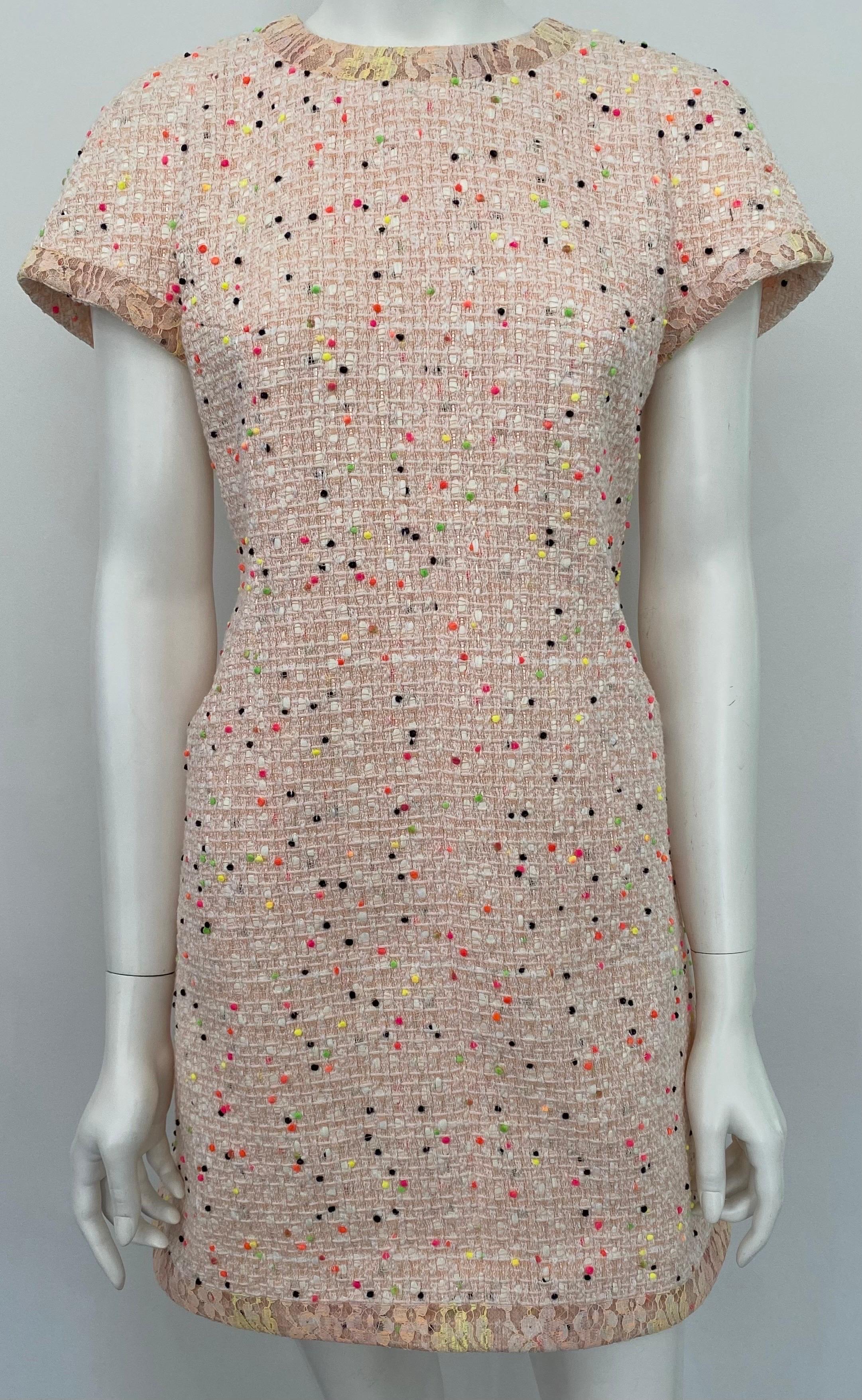 Chanel Peach and multi dot tweed Dress with removable lace detail - Sz 36  This perfect spring dress has a classic Chanel sheath cut, with a round neckline and cap sleeves. The neckline, sleeves and hemline all have a 1” lace overlay border with