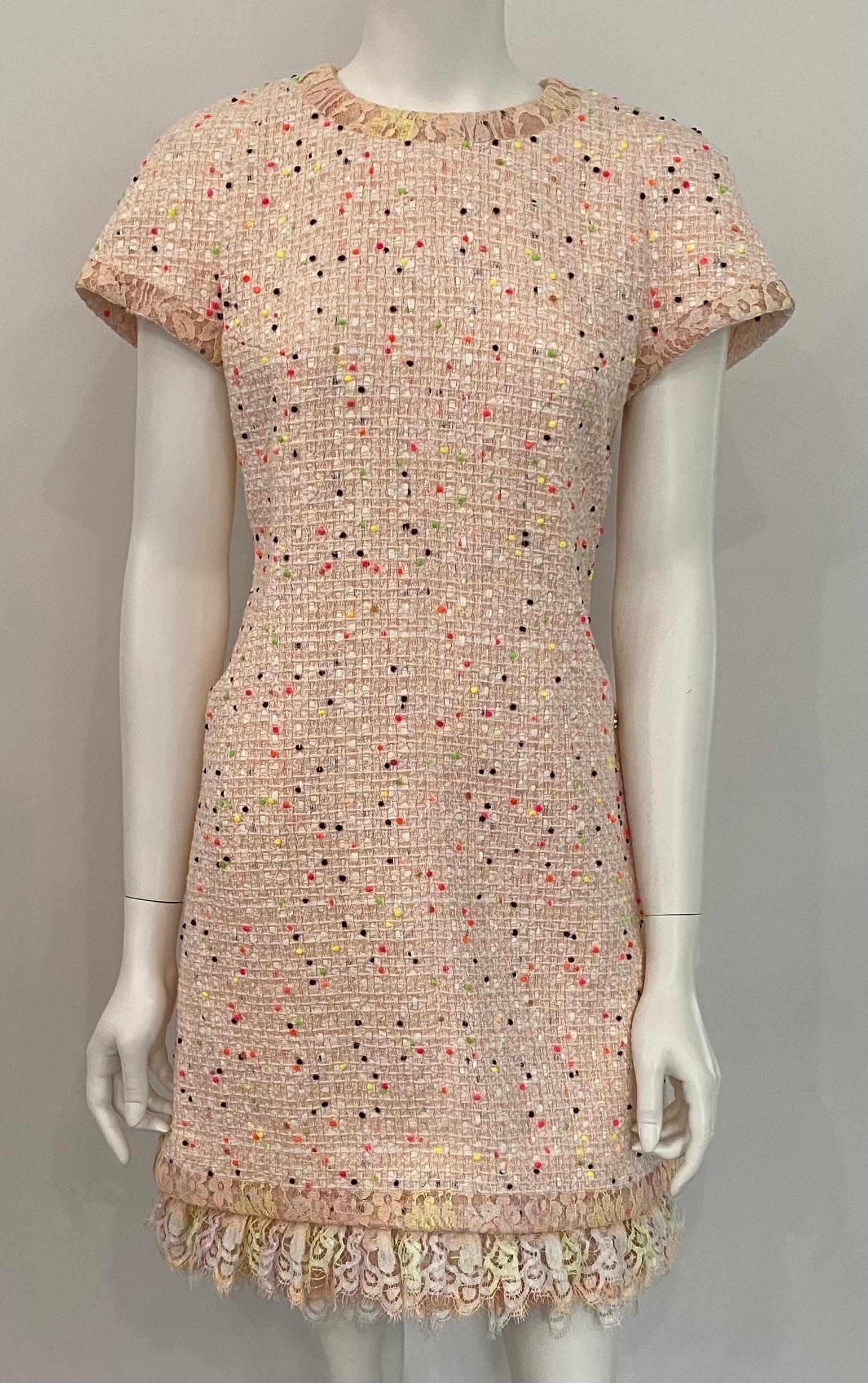 Beige Chanel Peach and multi dot tweed Dress with removable lace detail - Sz 36