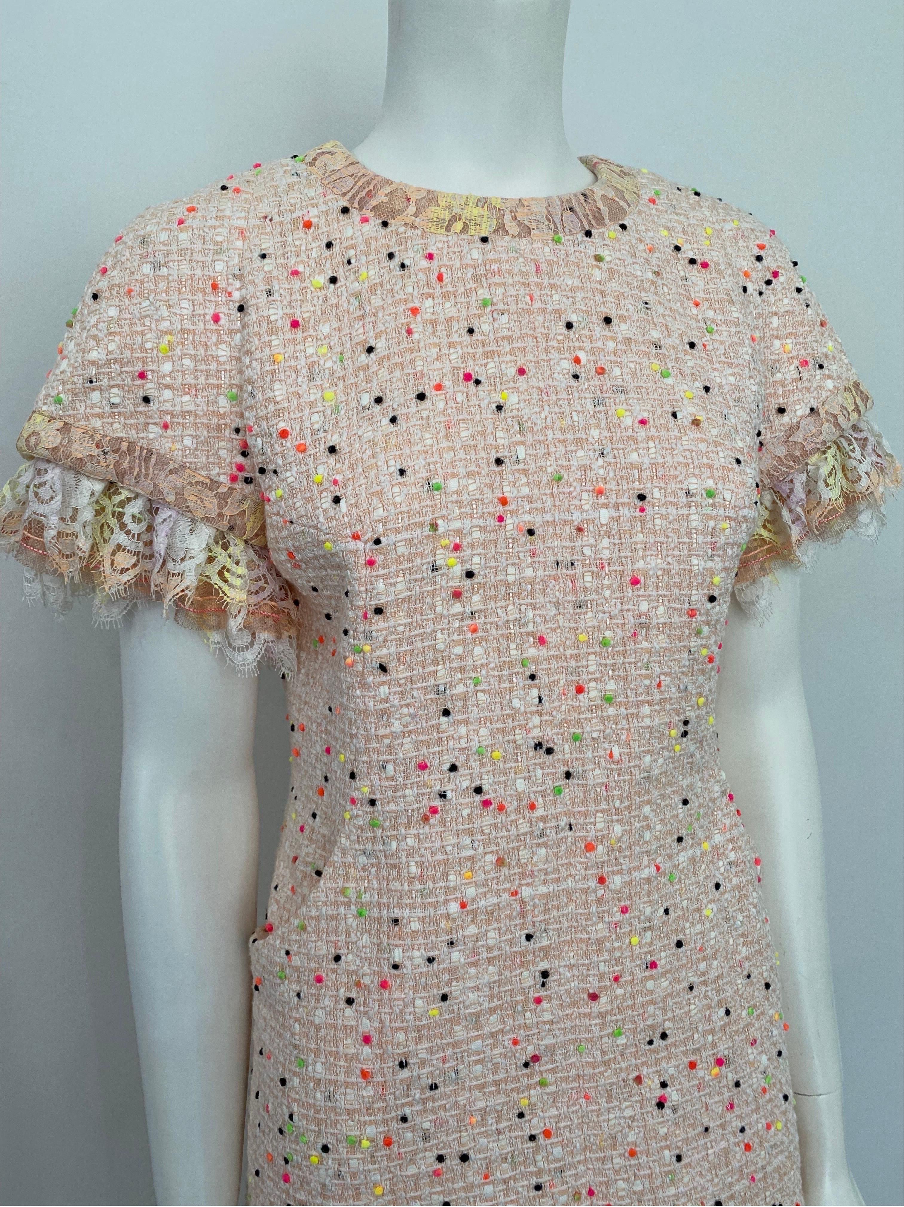 Women's Chanel Peach and multi dot tweed Dress with removable lace detail - Sz 36