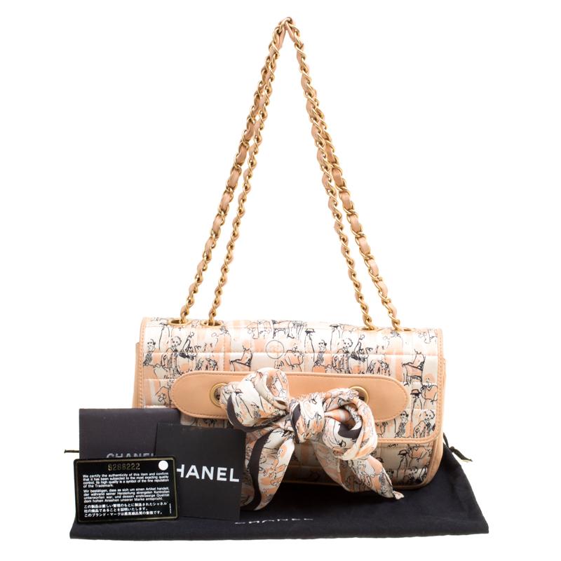Chanel Peach Illustration Print Fabric and Leather Scarf Vintage Flap Bag 7