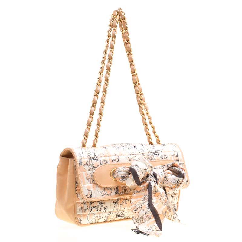 Beige Chanel Peach Illustration Print Fabric and Leather Scarf Vintage Flap Bag