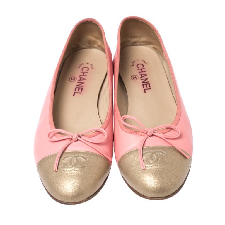 Chanel Peach Leather And Metallic Gold Cap Toe CC Bow Ballet Flats Size