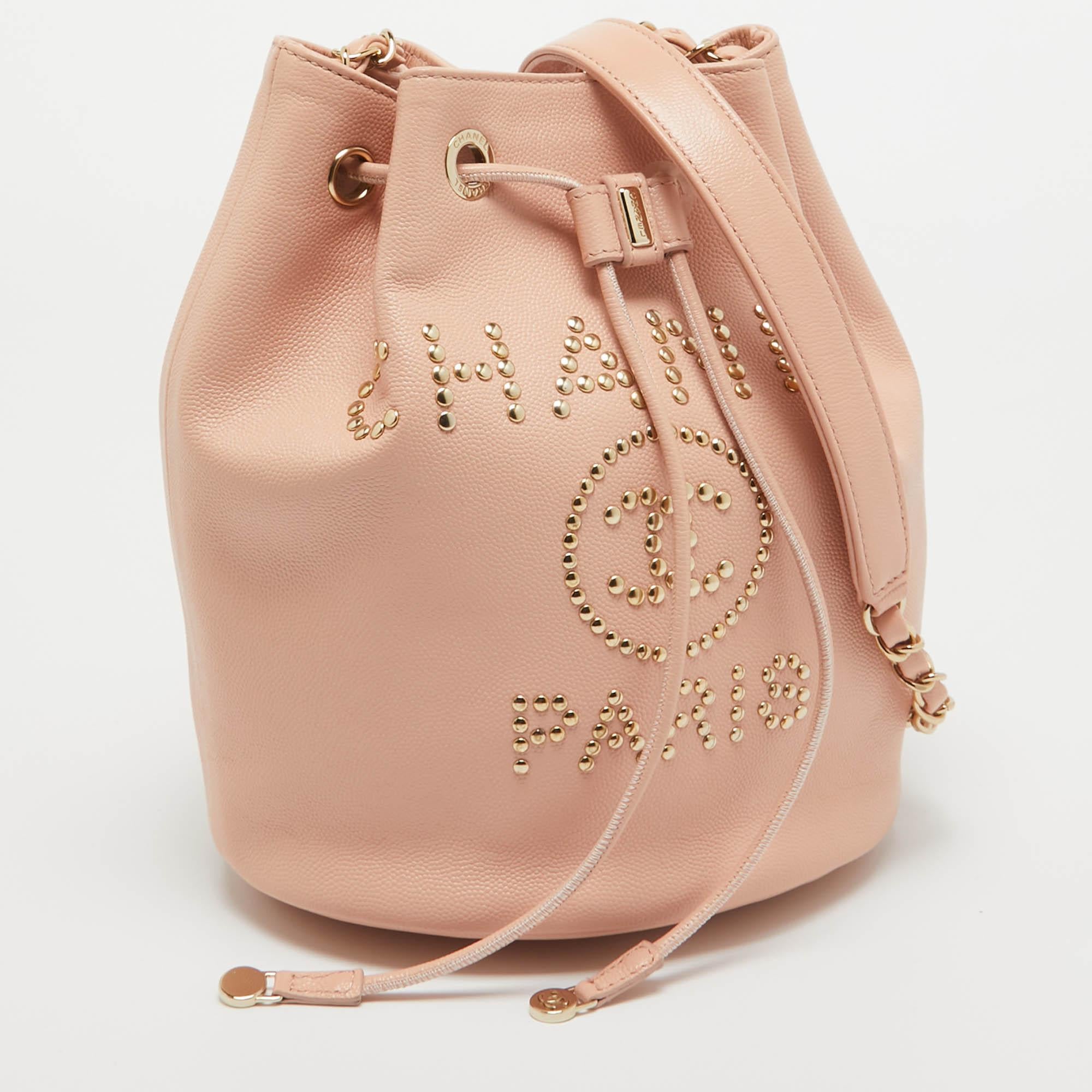 Beige Chanel Peach Leather Logo Studs Deauville Drawstring Bucket Bag For Sale