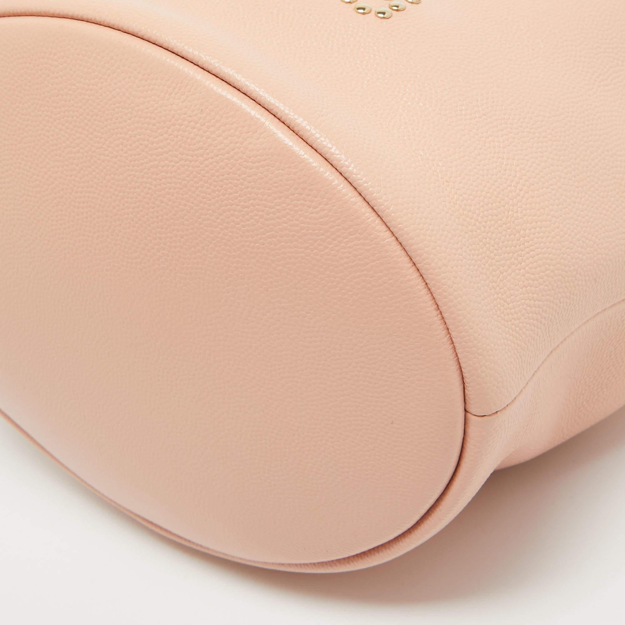 Chanel Peach Leather Logo Studs Deauville Drawstring Bucket Bag For Sale 4