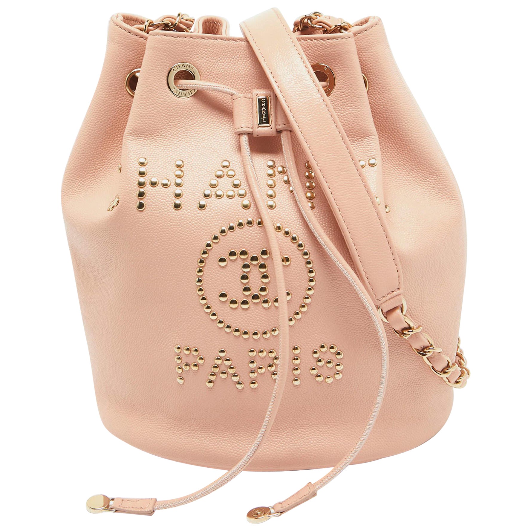 Chanel Peach Leather Logo Studs Deauville Drawstring Bucket Bag