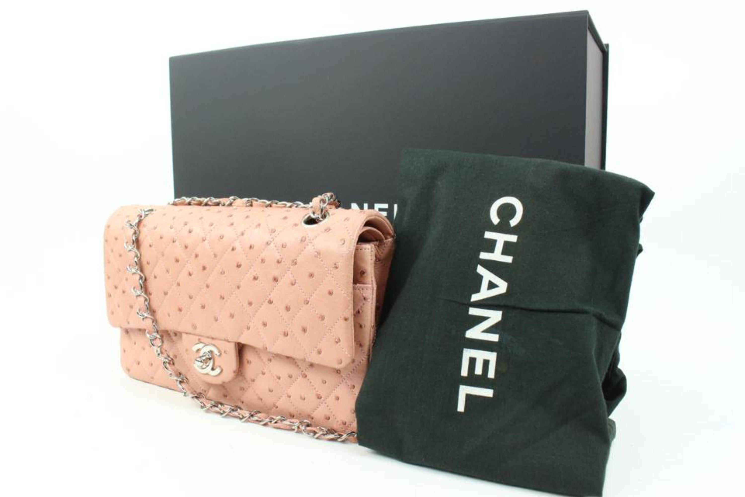 Chanel Peach Light Pink Quilted Ostrich Medium Classic Double Flap 31ca128s
Date Code/Serial Number: 10670591
Made In: France
Measurements: Length:  10