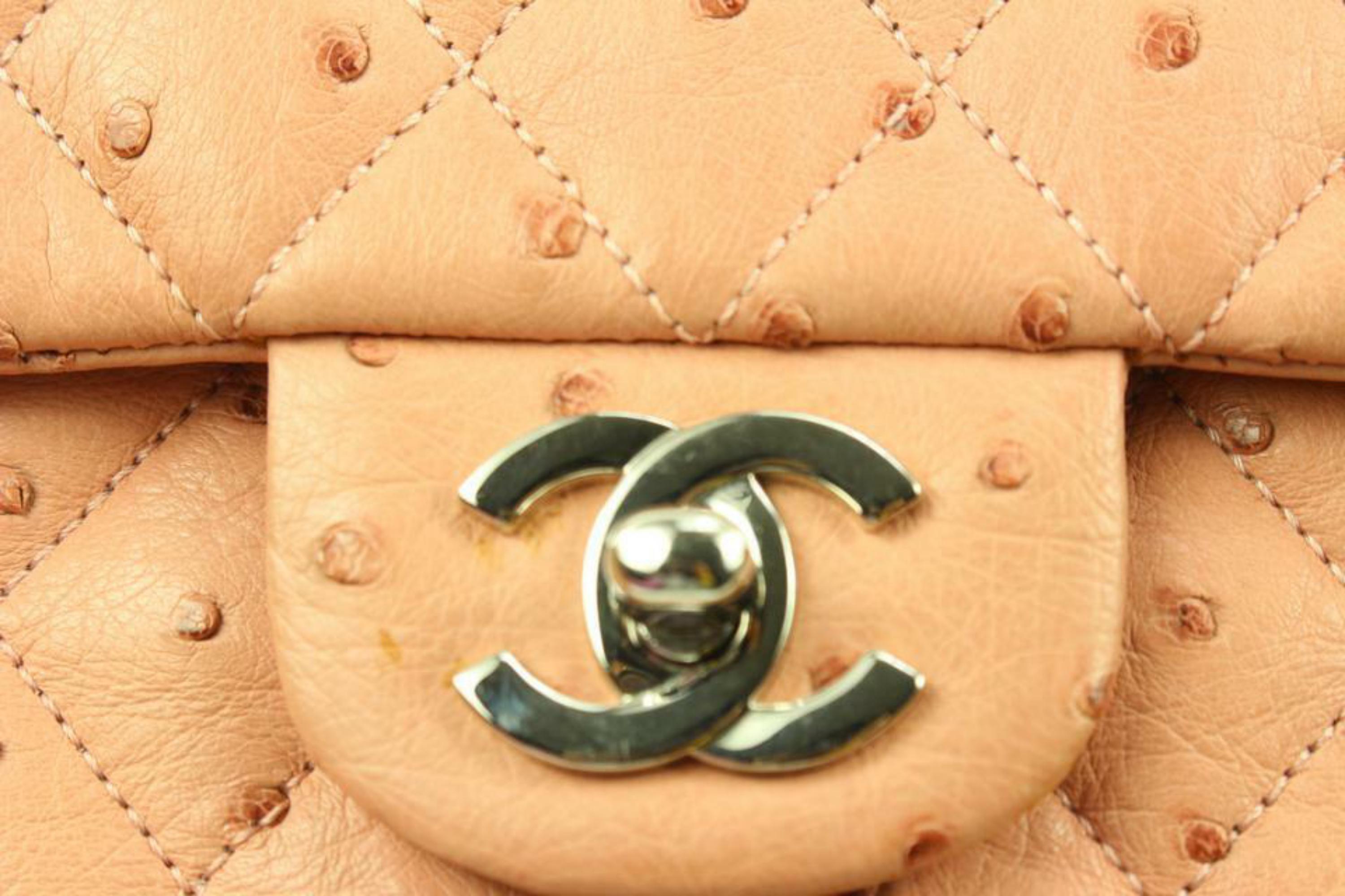Orange Chanel Peach Light Pink Quilted Ostrich Medium Classic Double Flap 7C26a For Sale