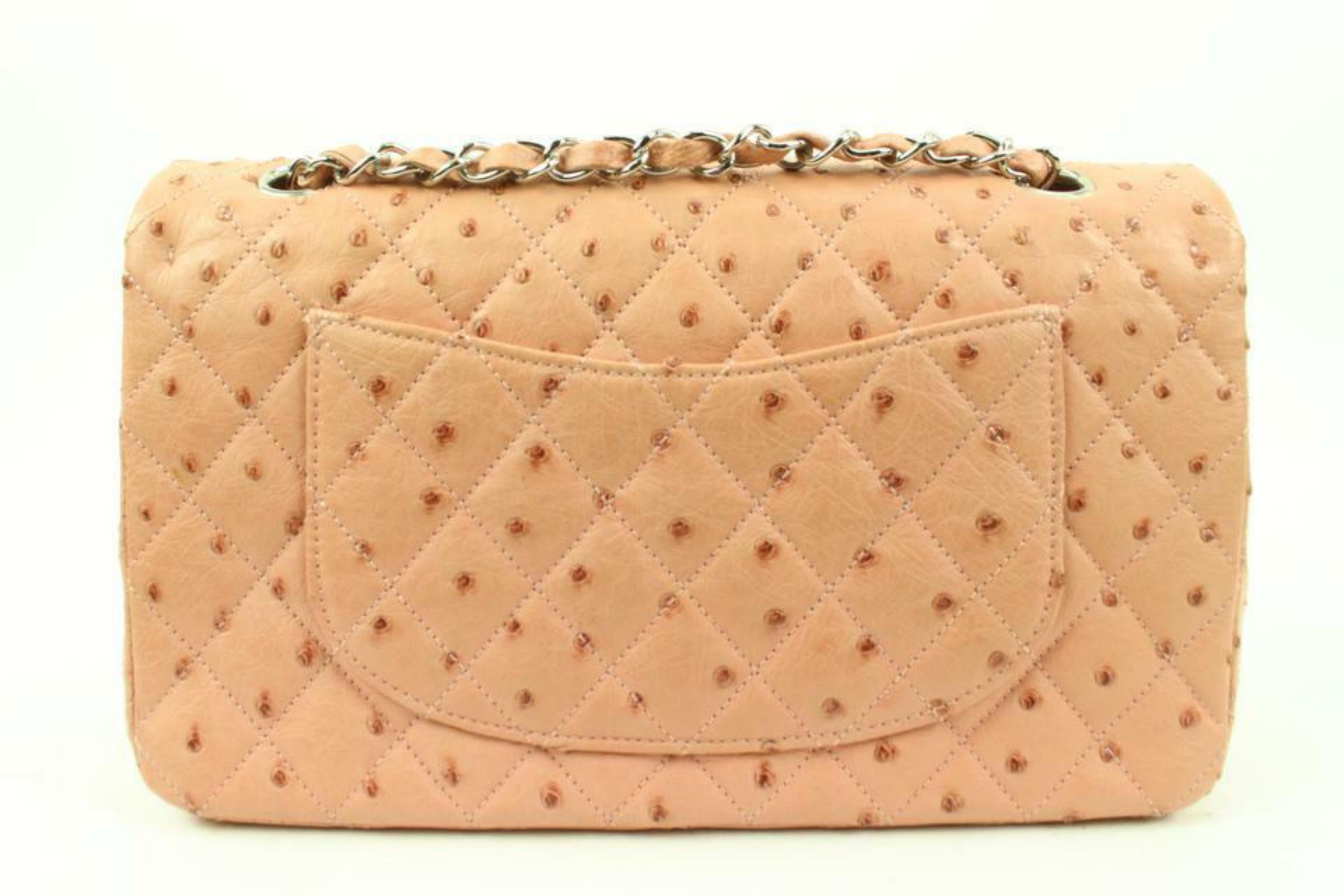Chanel Peach Light Pink Quilted Ostrich Medium Classic Double Flap 7C26a For Sale 2