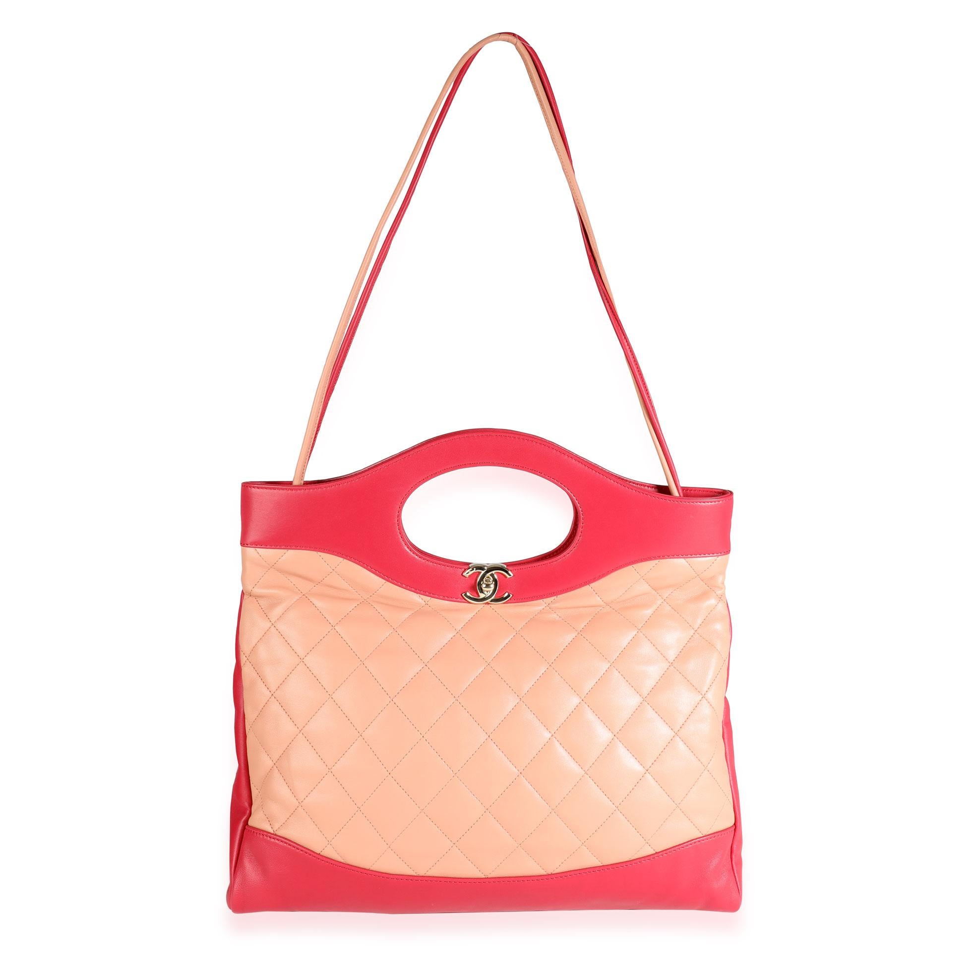 Listing Title: Chanel Peach & Light Red Quilted Calfskin Large 31 Shopping Bag
SKU: 115436
MSRP: 4400.00
Condition: Pre-owned (3000)
Handbag Condition: Excellent
Condition Comments: Excellent Condition. Faint scuffing to leather at handles. No other