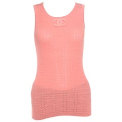 Chanel Peach Perforated Rib Knit Logo Applique Detail Sleeveless Tank Top M