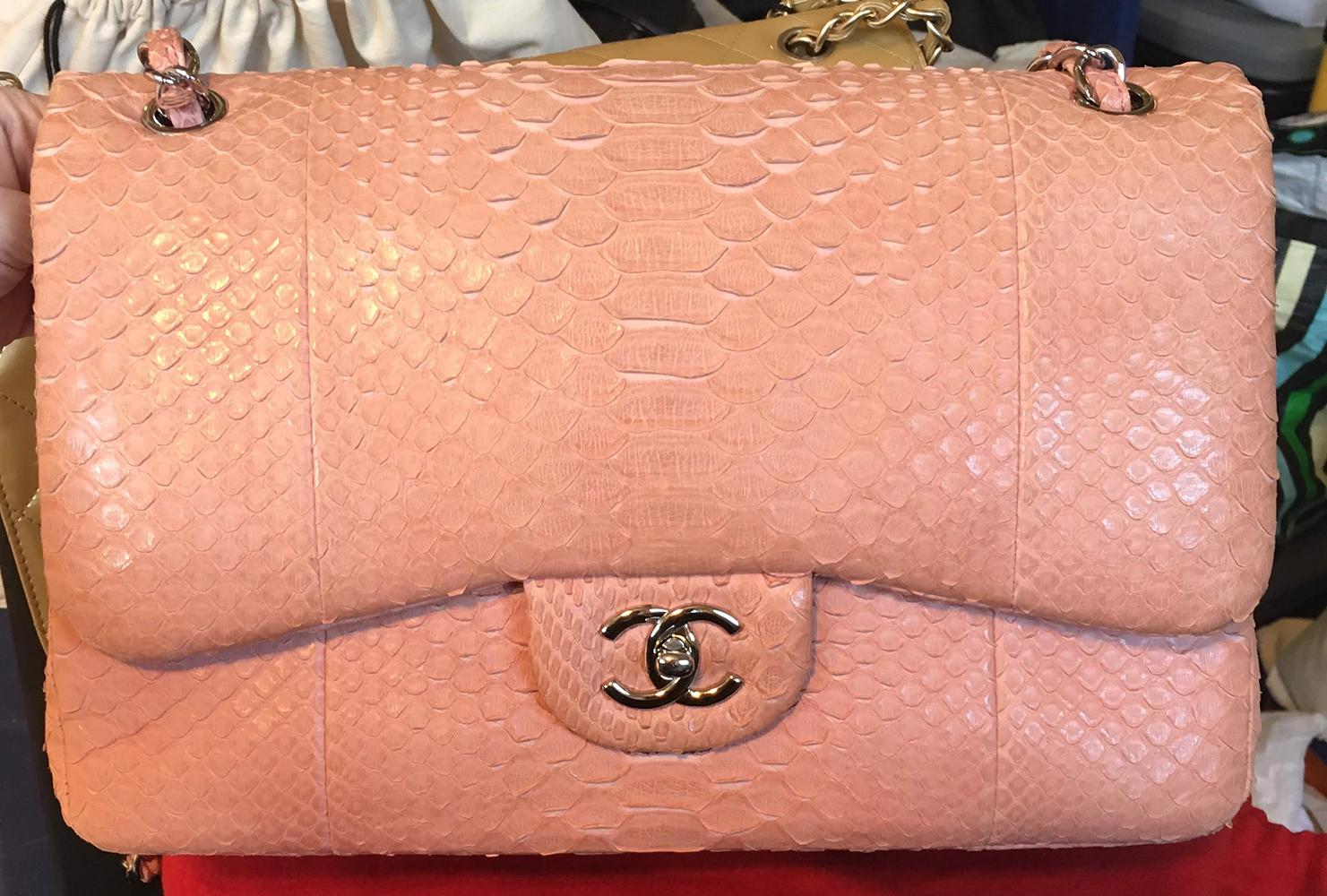 Chanel Peach Pink Python Jumbo 2.55 Double Flap Classic Shoulder Bag 6