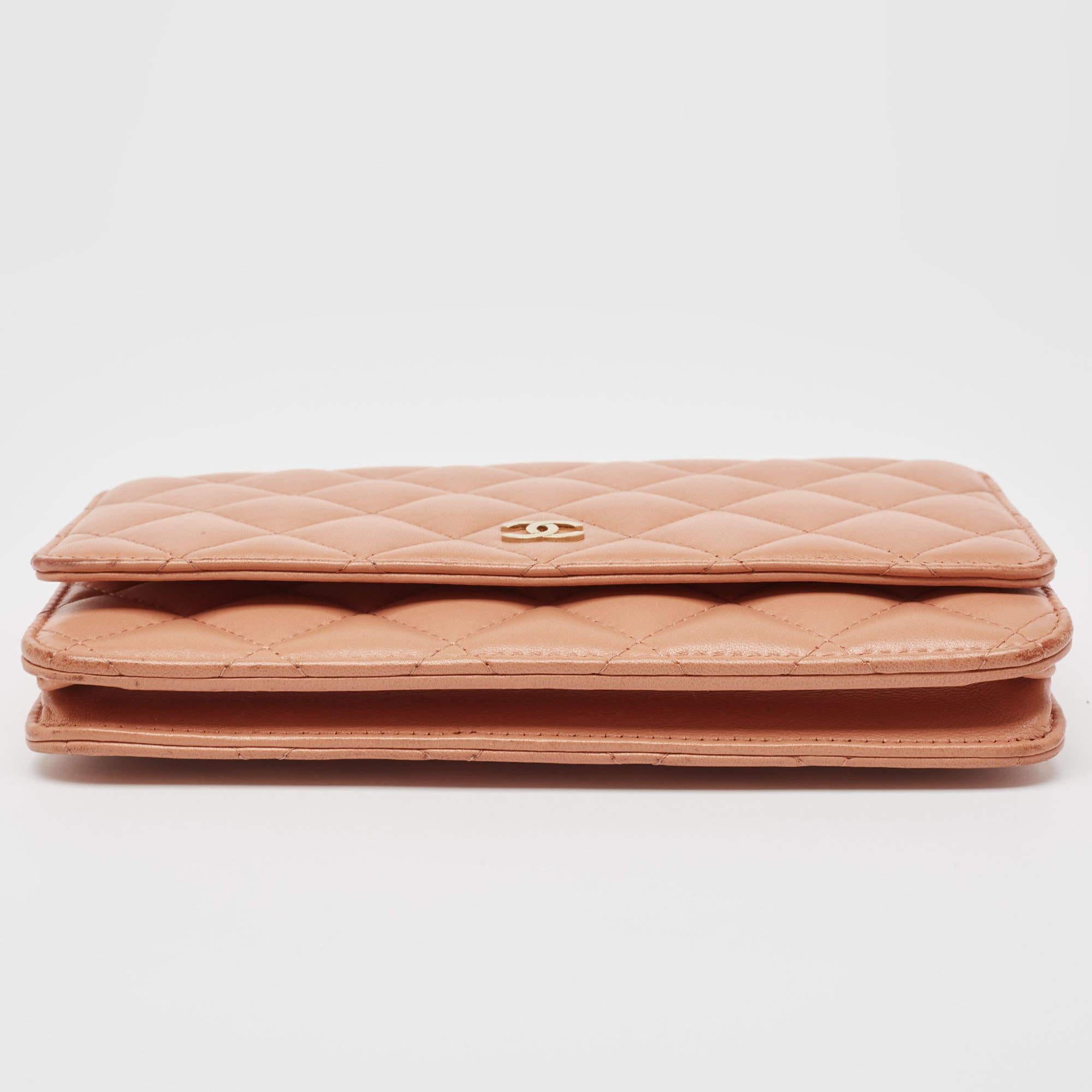 Chanel Peach Pink Quilted Leather Classic Wallet on Chain 6