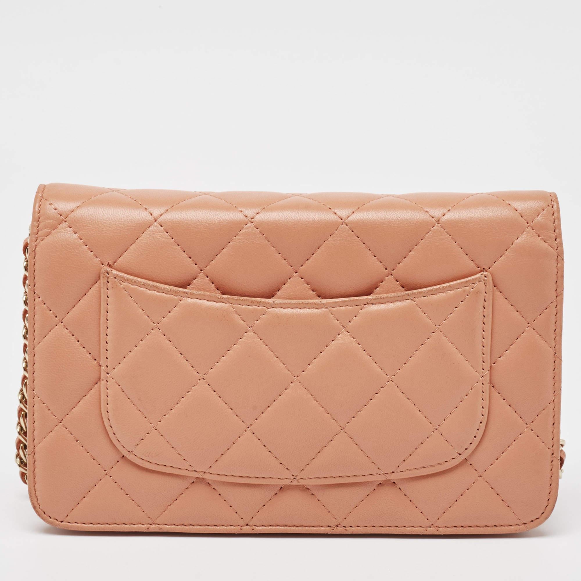 Women's Chanel Peach Pink Quilted Leather Classic Wallet on Chain