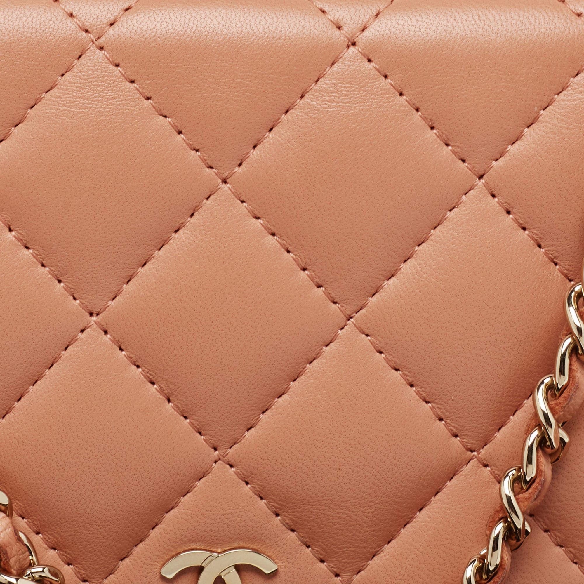Chanel Peach Pink Quilted Leather Classic Wallet on Chain 1