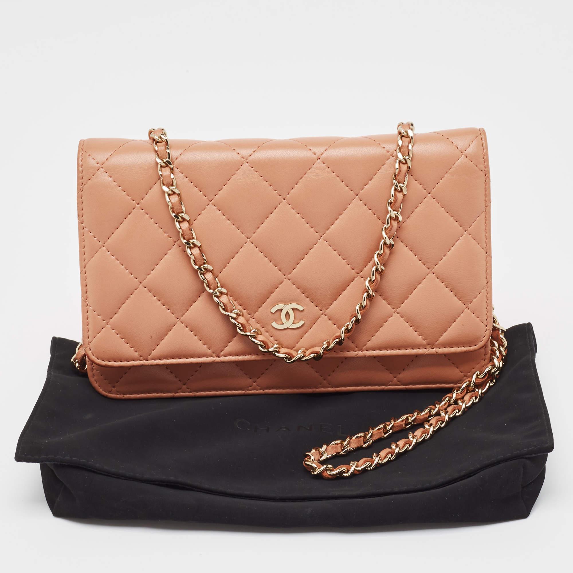 Chanel Peach Pink Quilted Leather Classic Wallet on Chain 5