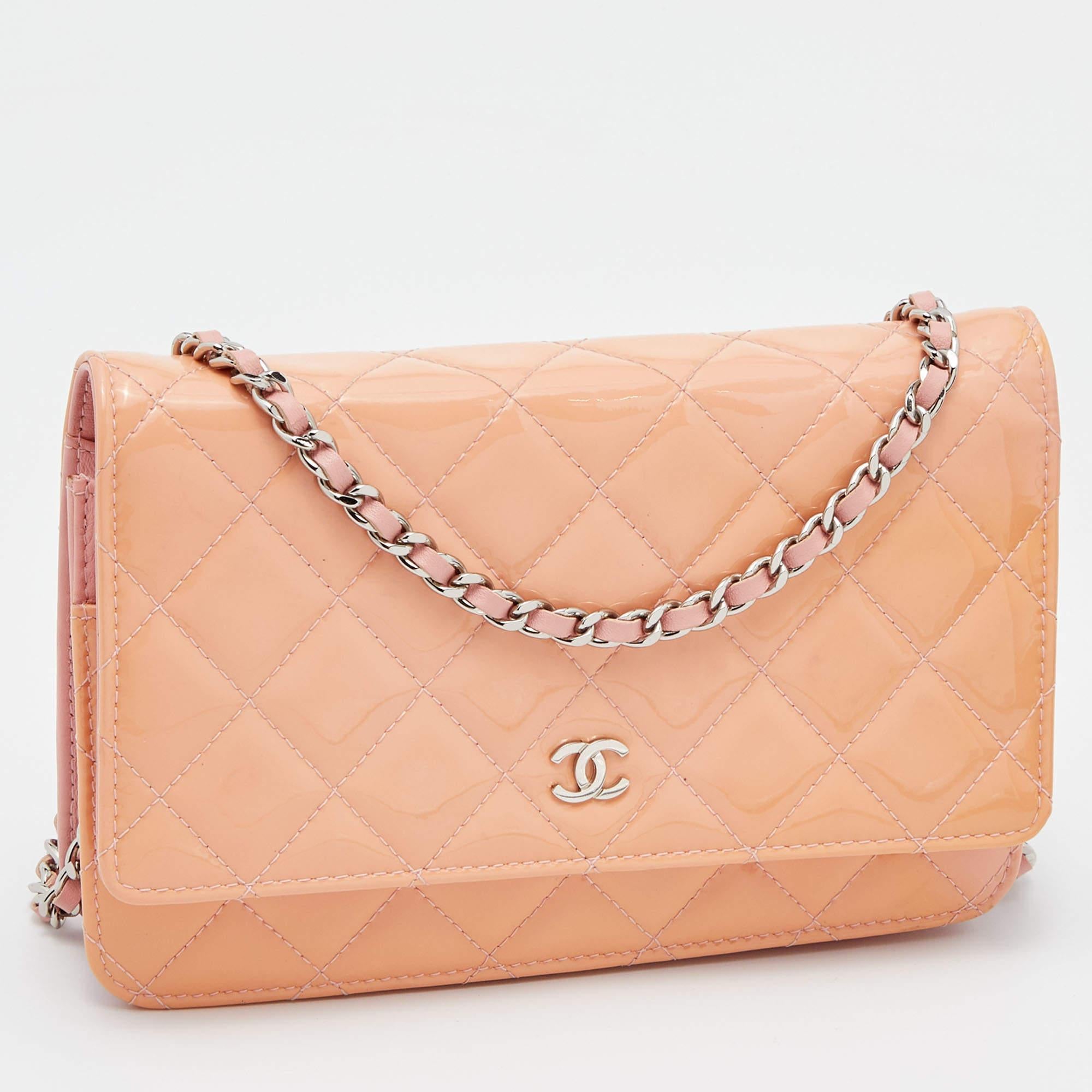 Women's Chanel Peach Quilted Patent Leather CC Wallet on Chain