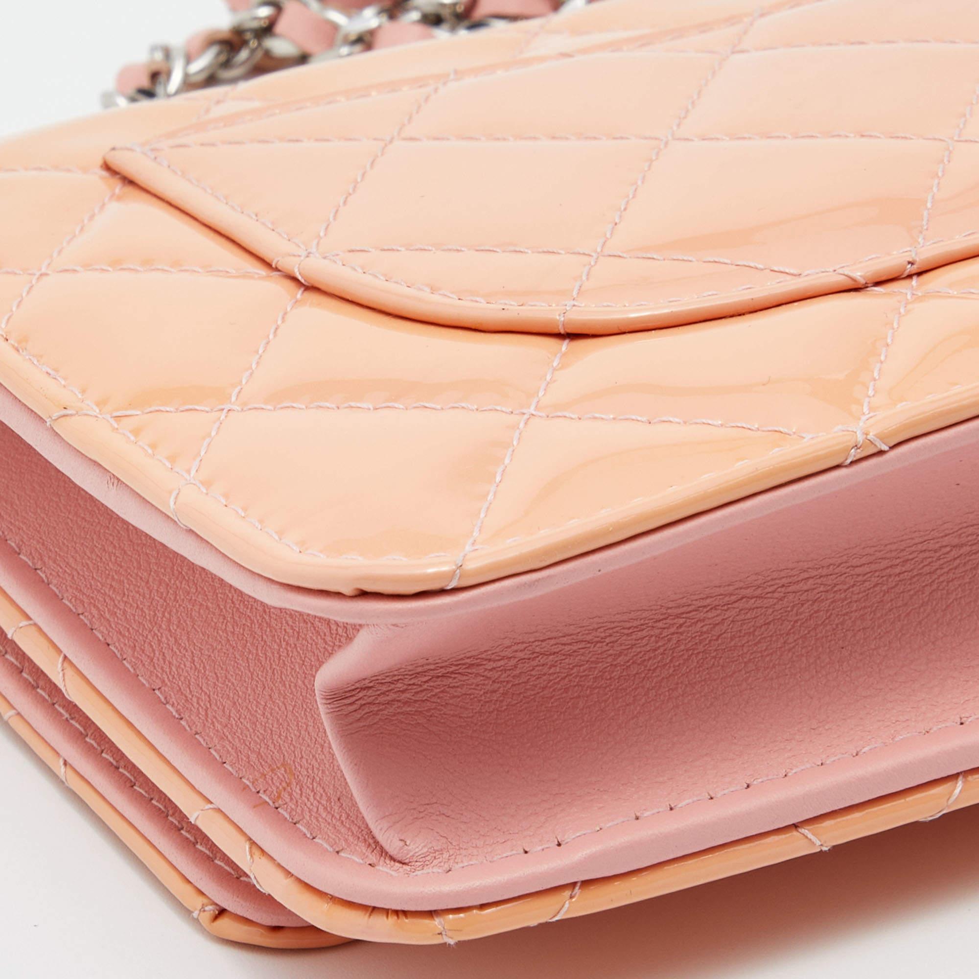 Chanel Peach Quilted Patent Leather CC Wallet on Chain 2