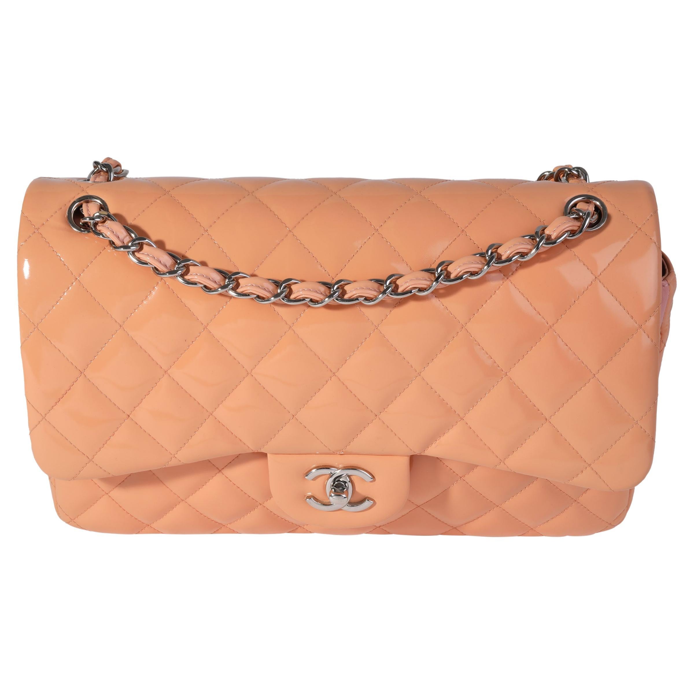 Chanel Peach Quilted Patent Leather Jumbo Classic Double Flap Bag