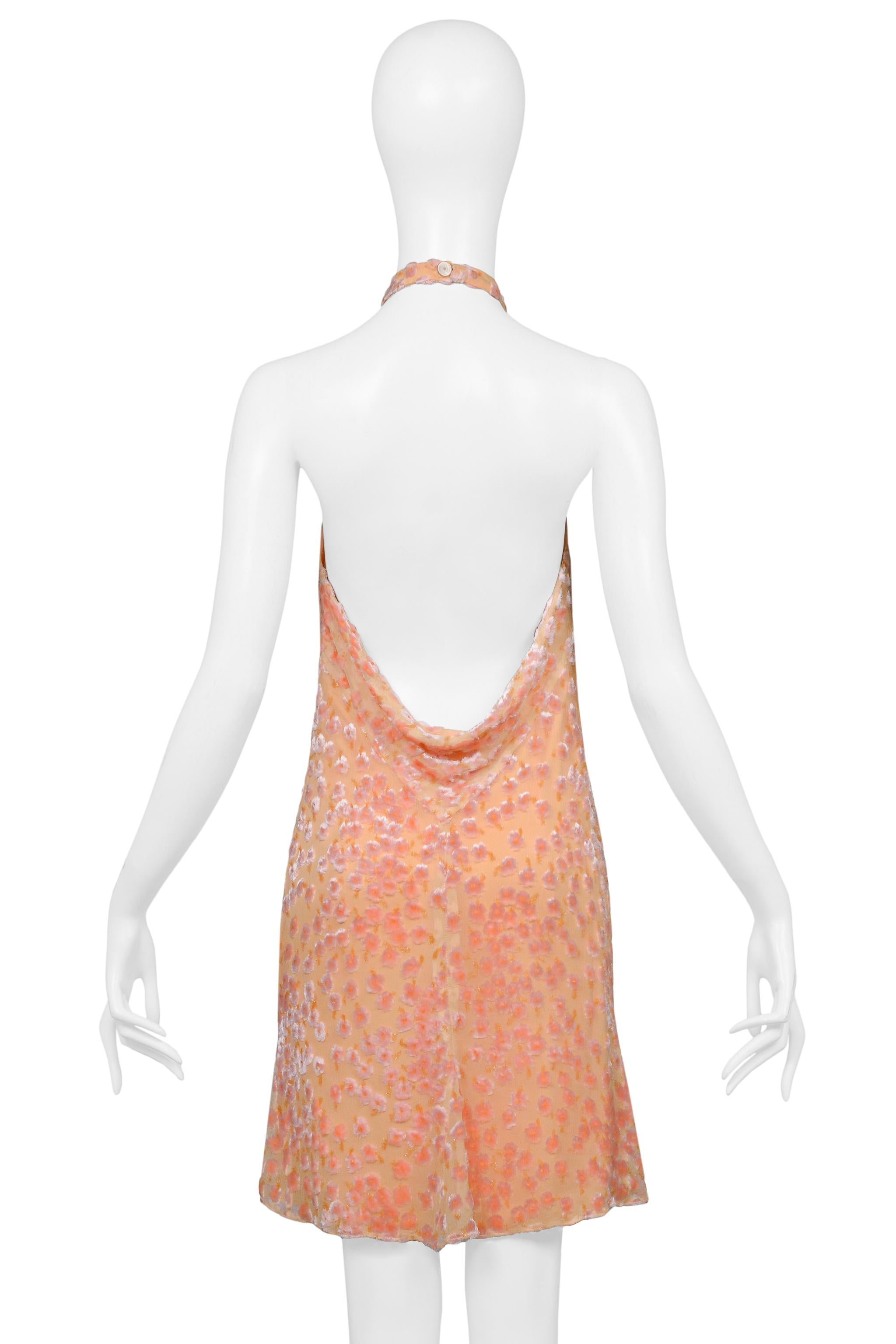 Chanel Peach Silk & Floral Cut Velvet Halter Dress 2001 In Excellent Condition In Los Angeles, CA