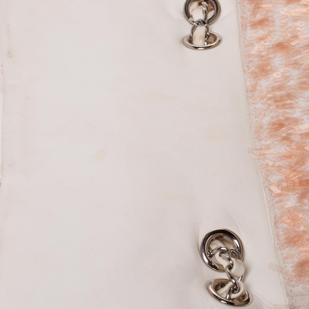 Women's Chanel Peach/White Fabric and Sequins Medium Classic Single Flap Bag