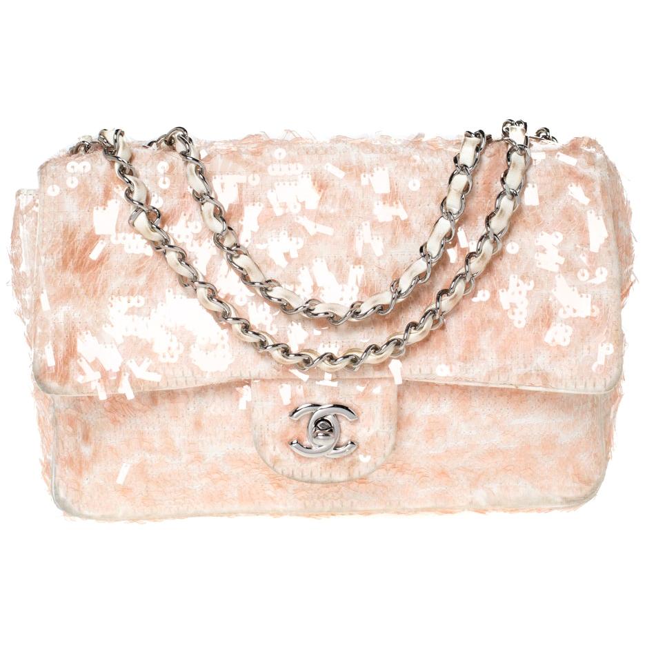 Chanel Peach/White Fabric and Sequins Medium Classic Single Flap Bag at  1stDibs