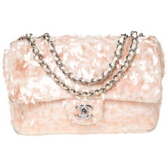 Chanel Peach/White Fabric and Sequins Medium Classic Single Flap Bag