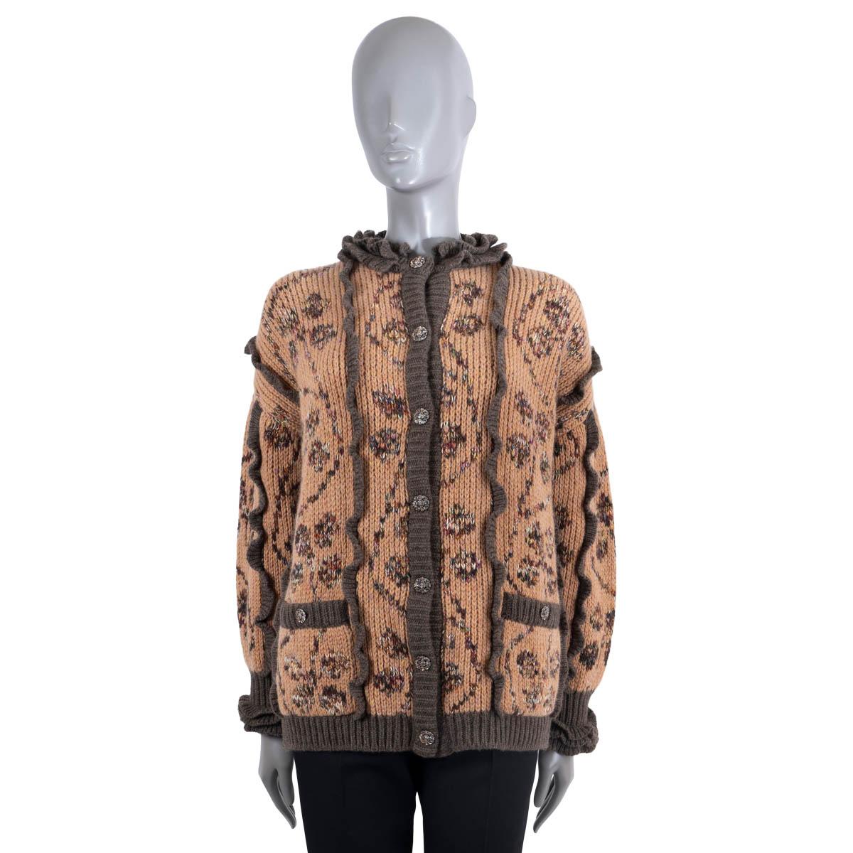 Brown CHANEL peachy brown cashmere 22K FLORAL INTARSIA KNIT Jacket 36 XS