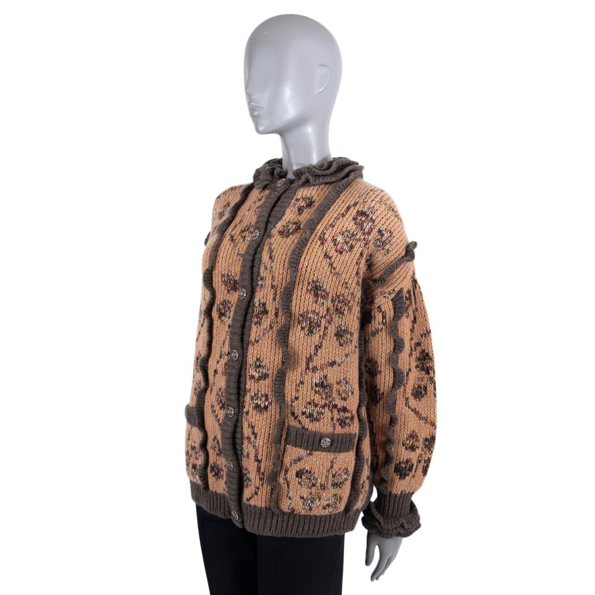 Women's CHANEL peachy brown cashmere 22K FLORAL INTARSIA KNIT Jacket 36 XS