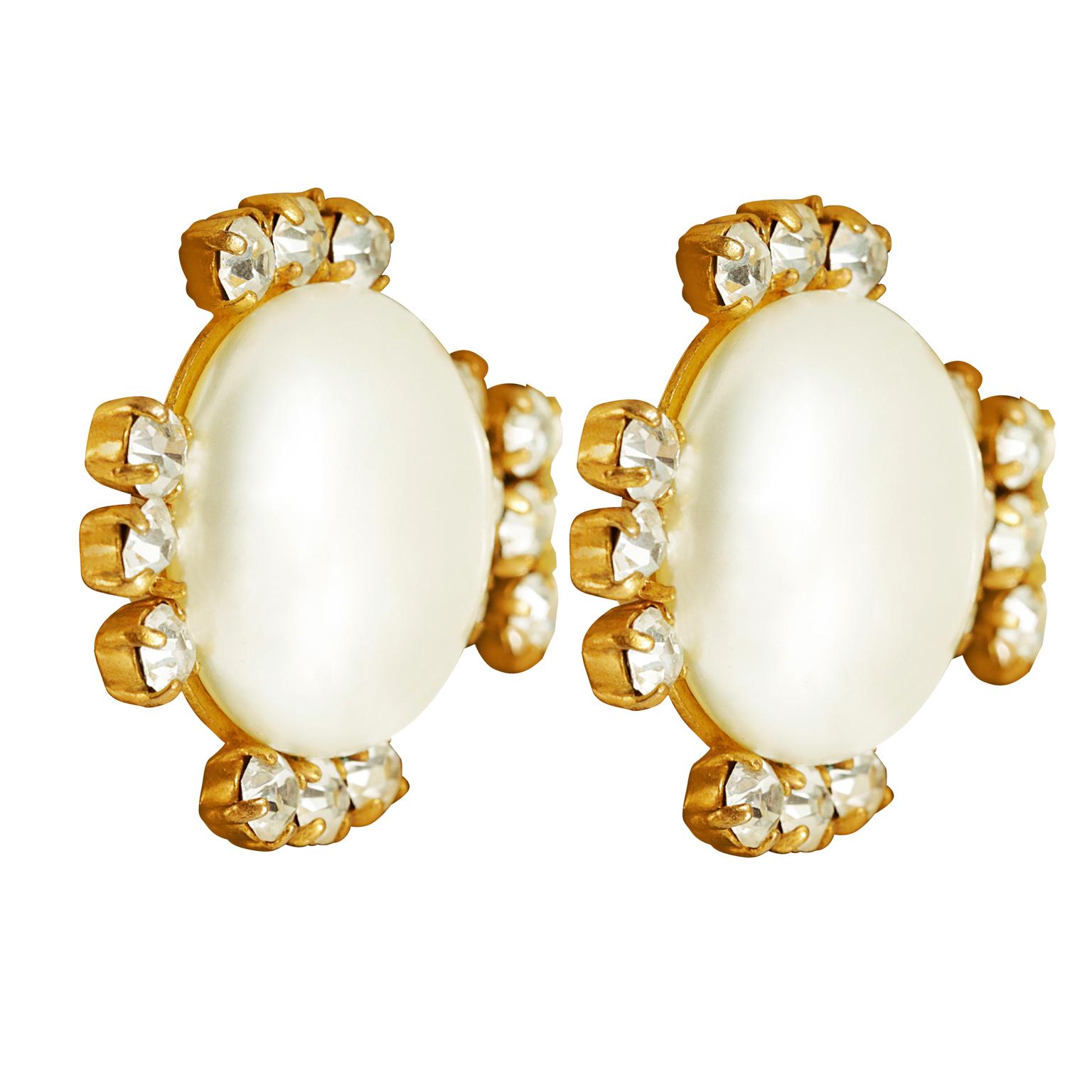 Round Cut Chanel Pearl and Crystal Clip On Earrings