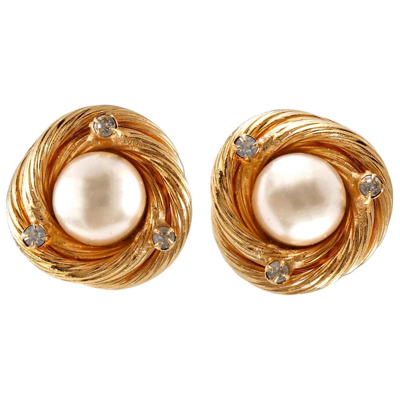 Chanel Pearl and Crystal Gold Knot Earrings