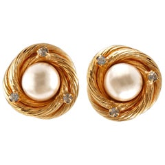 Retro Chanel Pearl and Crystal Gold Knot Earrings