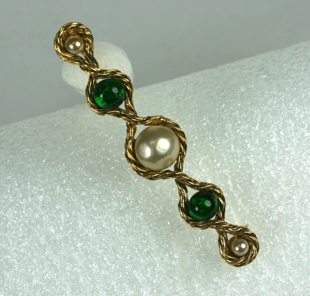 Maison Gripoix  for Chanel Faux Pearl and Emerald Glass Paste Cabochon Bar Pin from the 1980's. Antique gold finish with twisted wire metal work.  3