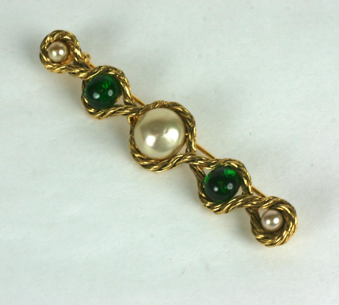 Chanel Pearl and Emerald Cabochon Bar Pin In Excellent Condition For Sale In New York, NY