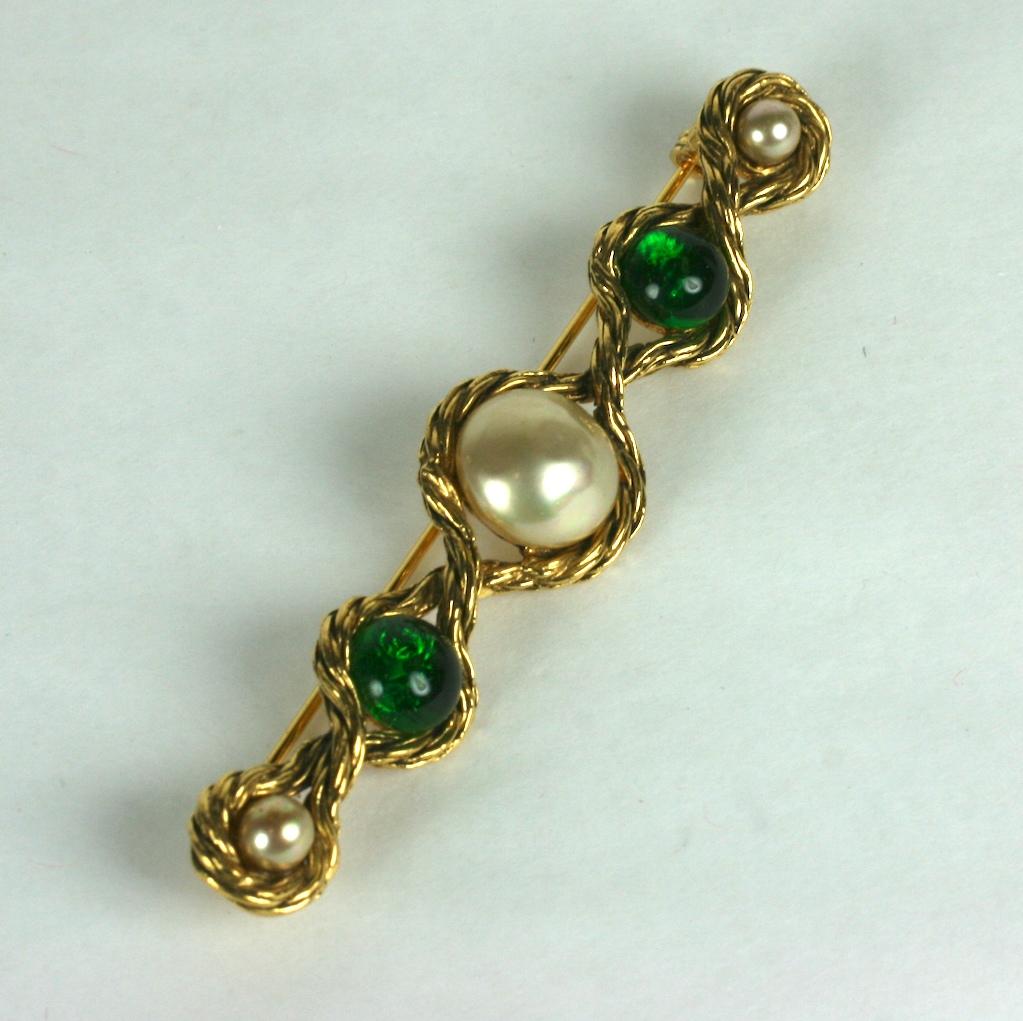 Women's or Men's Chanel Pearl and Emerald Cabochon Bar Pin For Sale