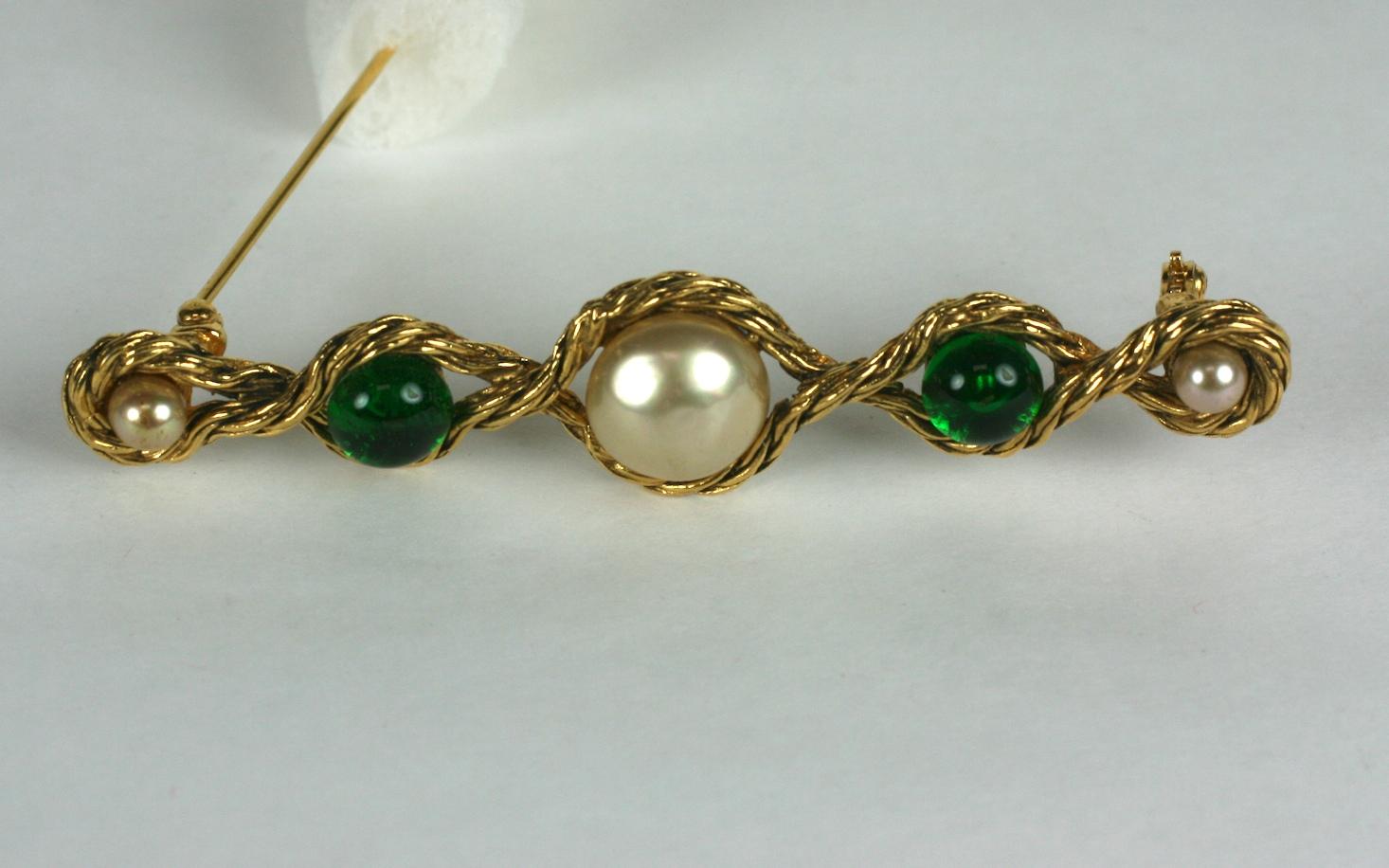 Chanel Pearl and Emerald Cabochon Bar Pin For Sale 1