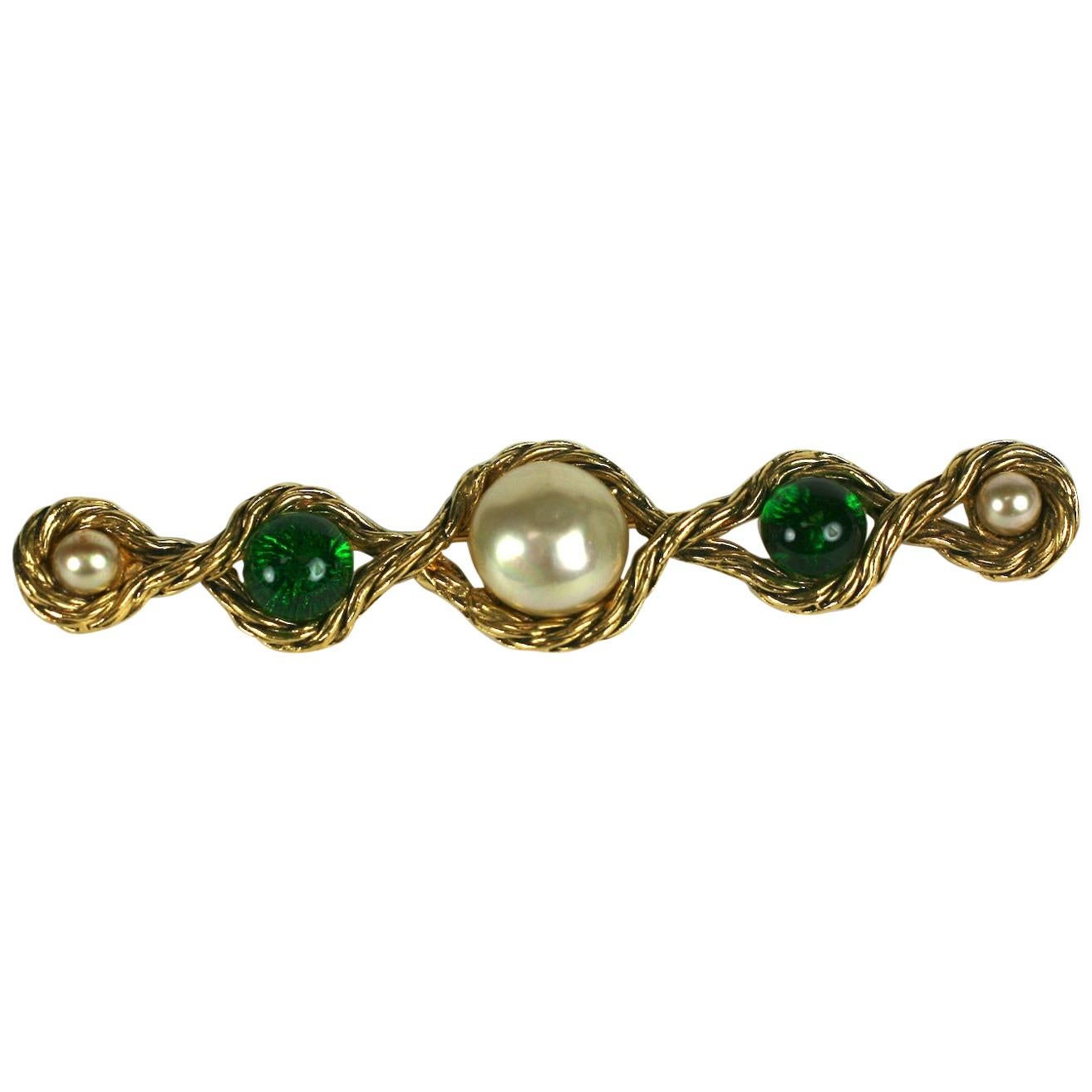 Chanel Pearl and Emerald Cabochon Bar Pin For Sale