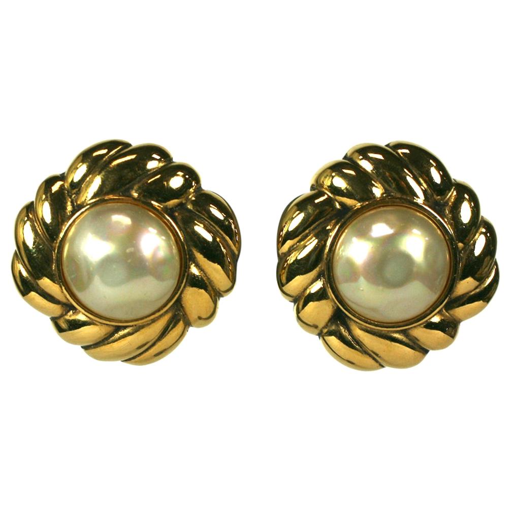 Chanel Pearl and Gilt Earrings For Sale