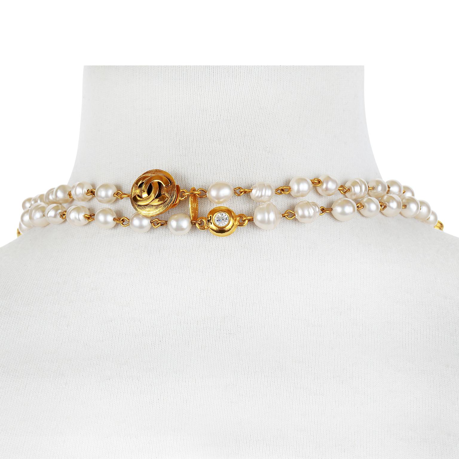 Chanel Pearl and Gold Extra Long Necklace In Good Condition In Palm Beach, FL