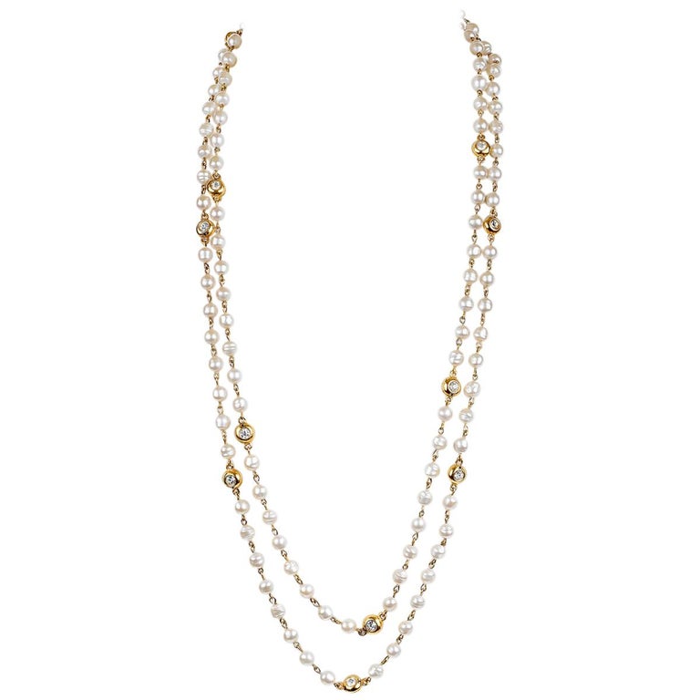 Chanel Pearl and Gold Extra Long Necklace at 1stDibs  chanel long necklace,  chanel long chain necklace, chanel pearl necklace long