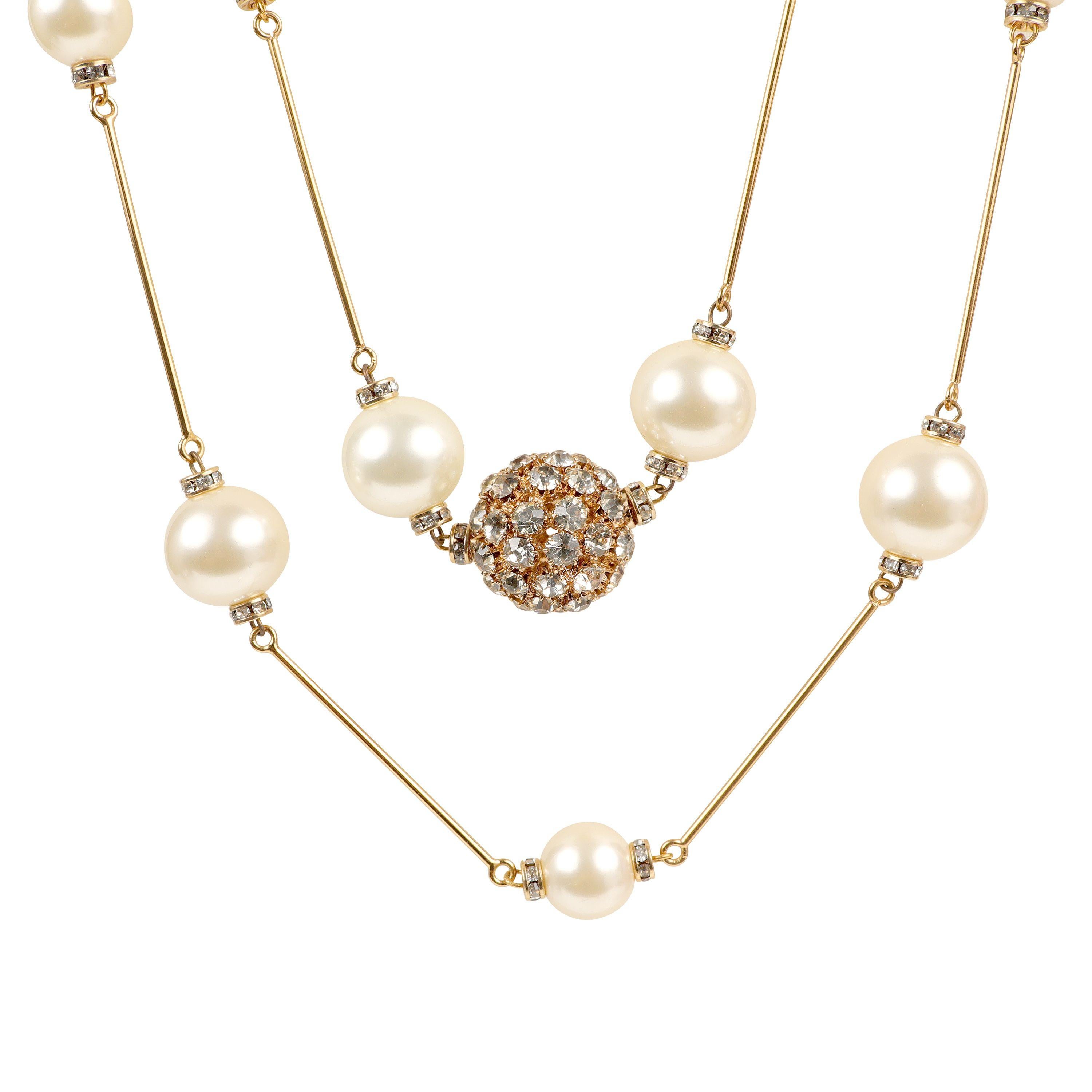 Chanel Pearl and Gold Pin Extra Long Necklace with Amber Crystal Ball For Sale 1