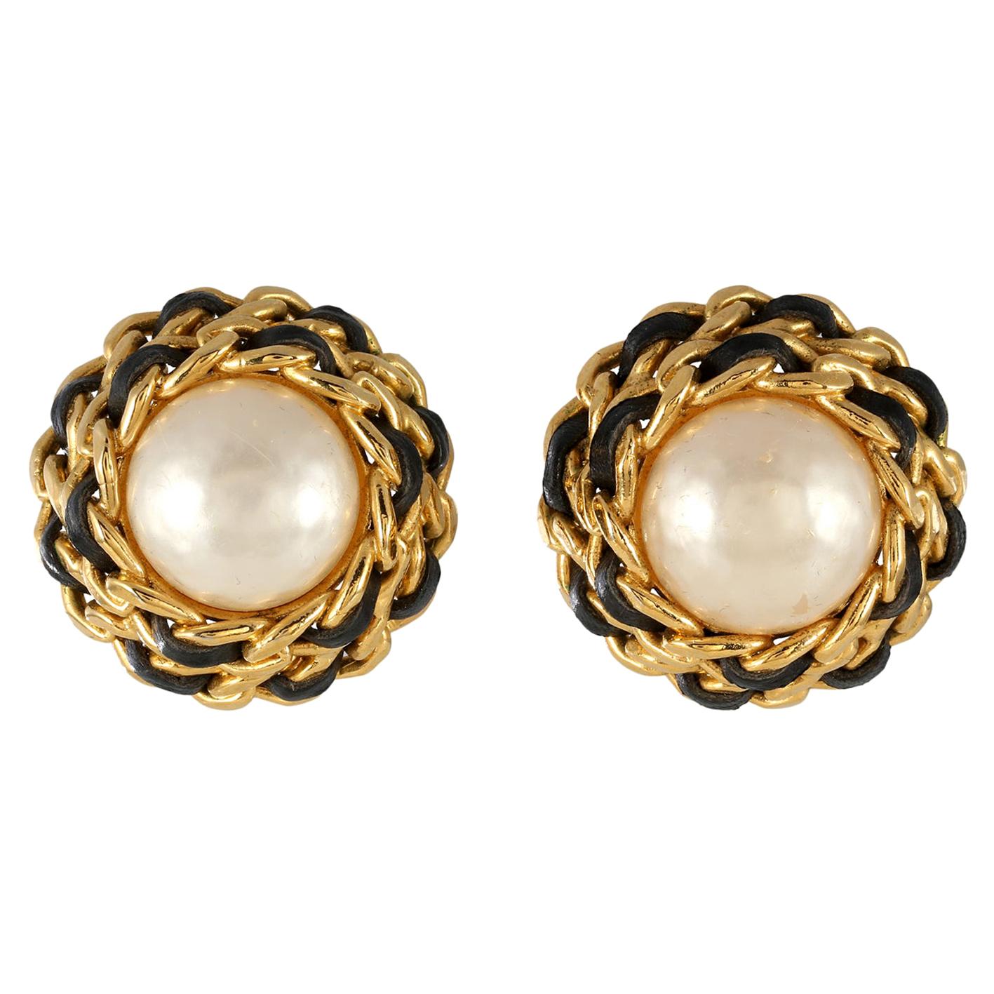 Chanel Pearl and Leather Chain Vintage Earrings
