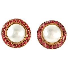 Vintage Chanel Pearl and Red Gripoix Lattice Earrings