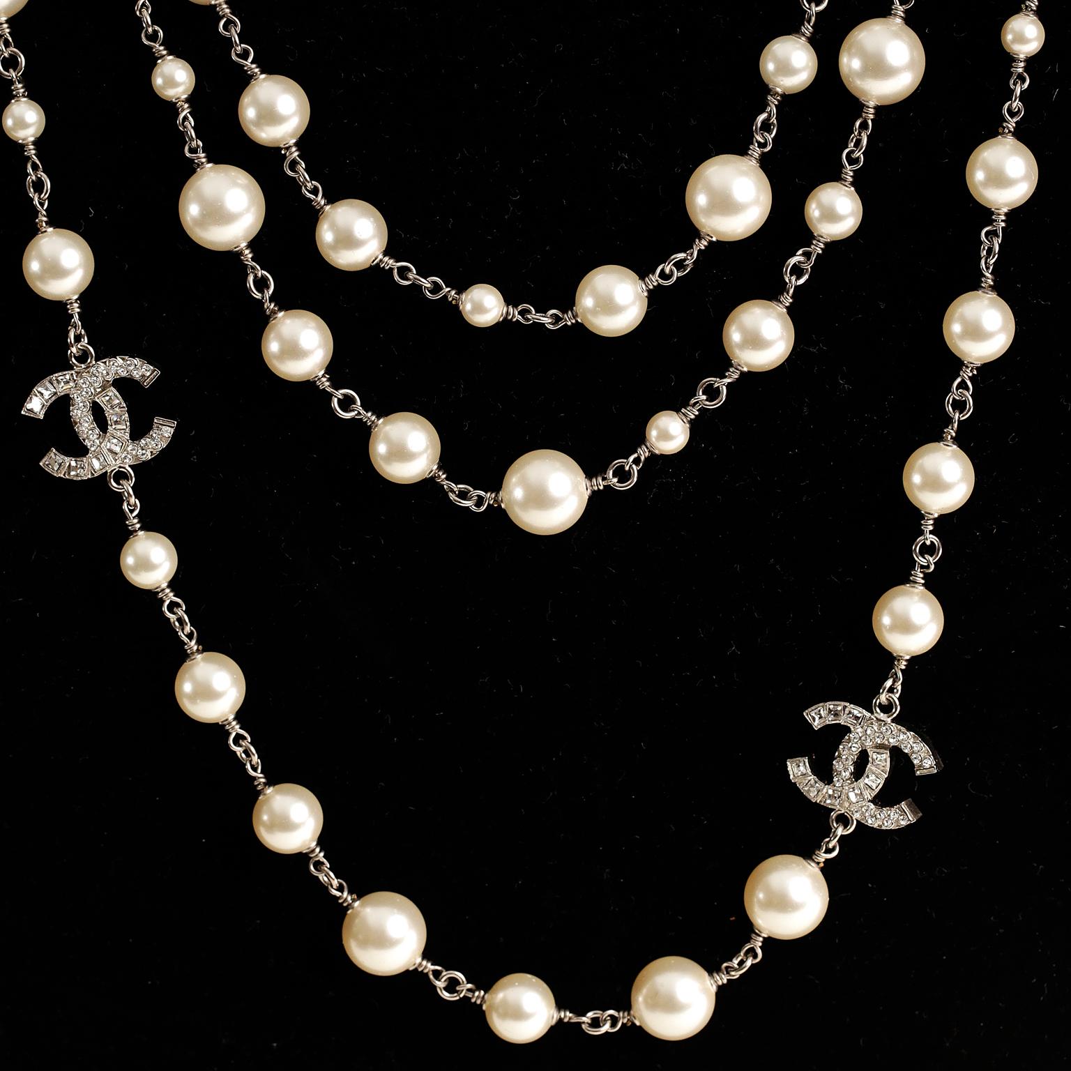 Chanel Pearl and Silver Triple Strand CC Necklace In Excellent Condition In Palm Beach, FL