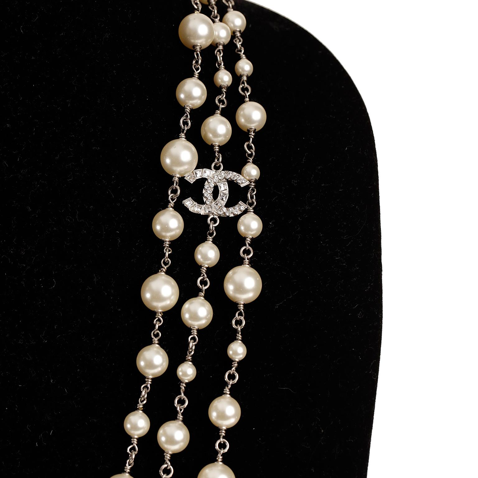 Women's Chanel Pearl and Silver Triple Strand CC Necklace