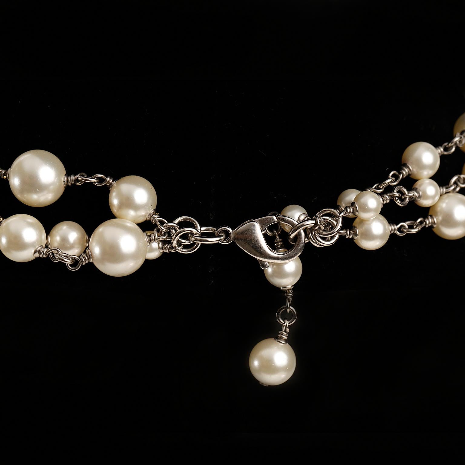 Chanel Pearl and Silver Triple Strand CC Necklace 1