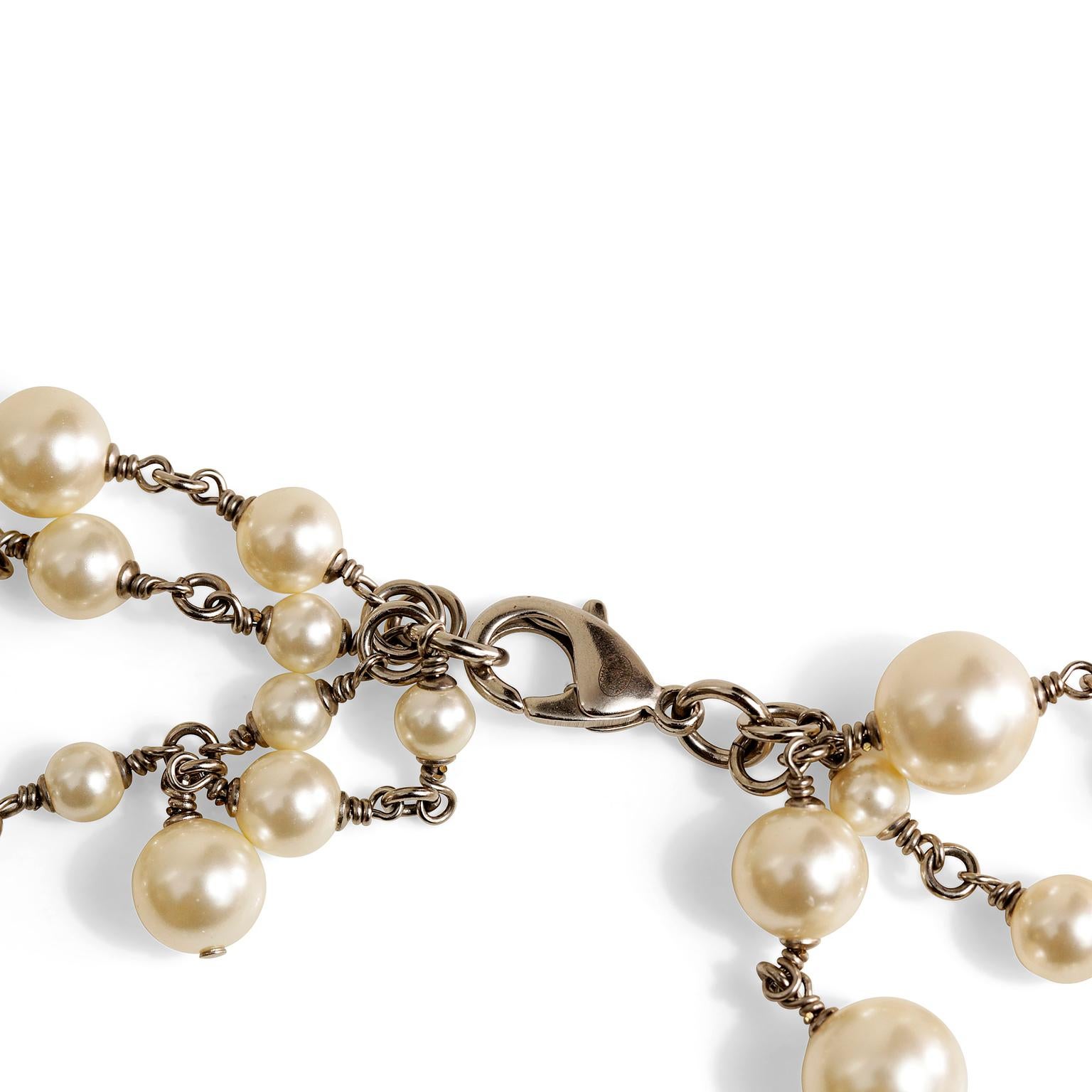 Chanel Pearl and Silver Triple Strand CC Necklace 2